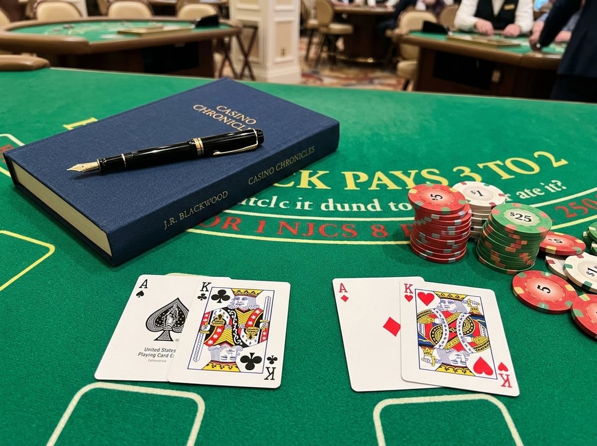 Two blackjack hands laid out on green felt: an ace and a king face up beside a stack of chips, with a fountain pen and a hardcover book resting to the side