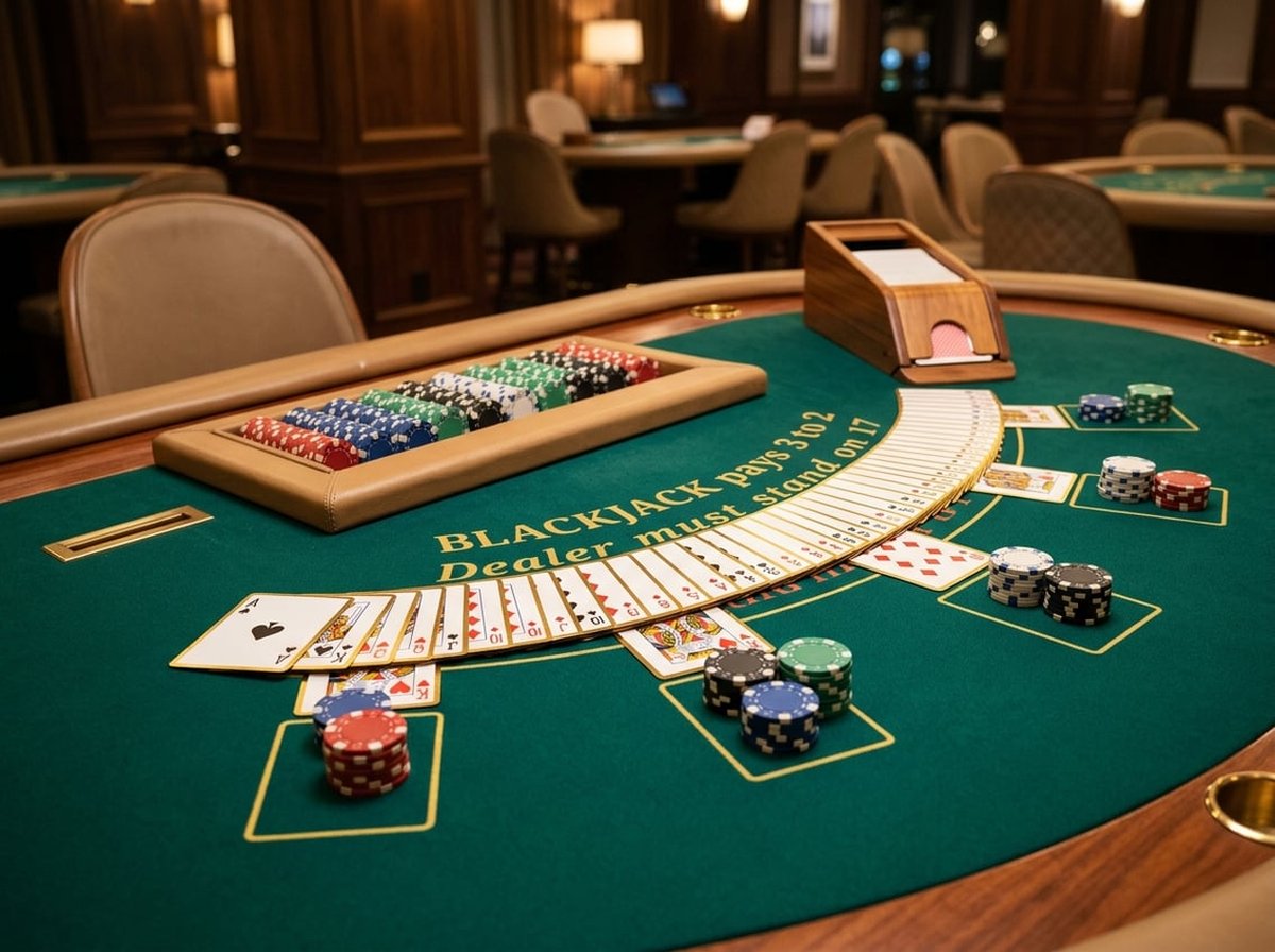 An elegant blackjack table with green felt, gold-edged playing cards, and stacks of casino chips under a warm studio light, photographed at a slight angle