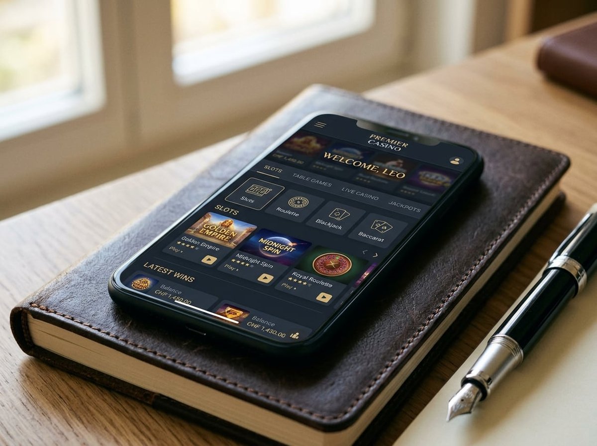 A modern smartphone displaying a clean casino lobby interface, resting on a leather-bound notebook next to a fountain pen, warm daylight from a nearby window