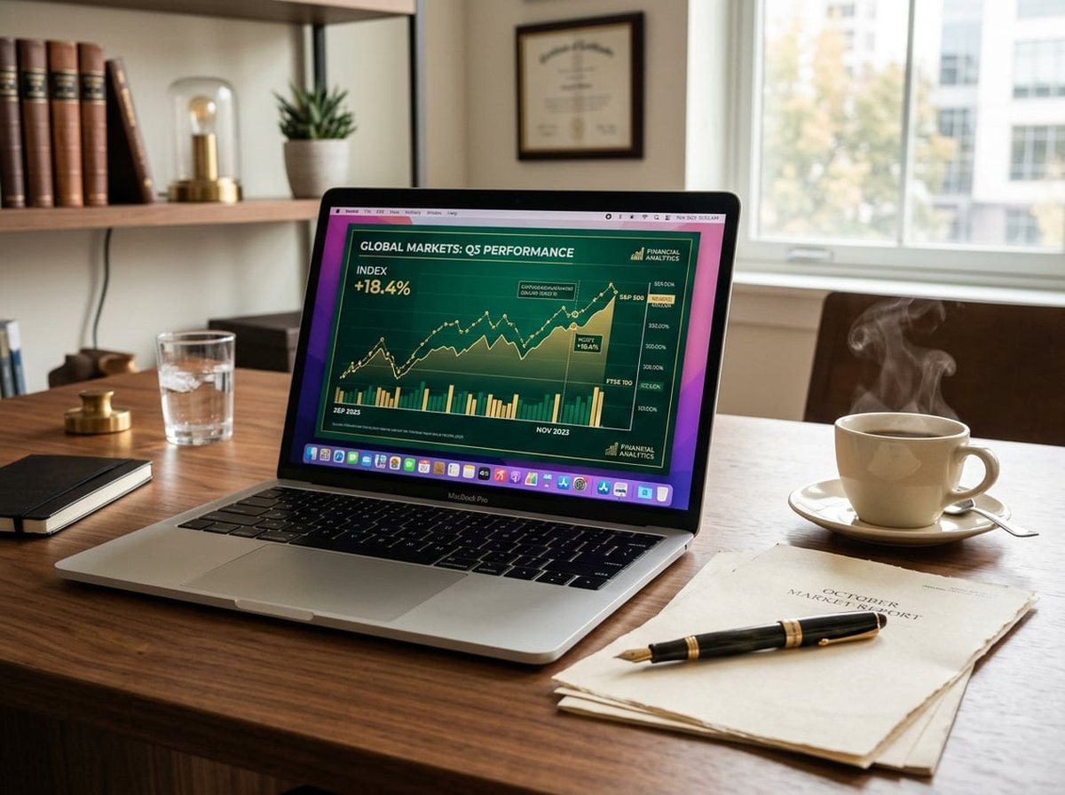 A wide desk shot of a laptop showing a market-analysis chart in emerald and gold, alongside a fountain pen and a coffee cup on cream paper stock