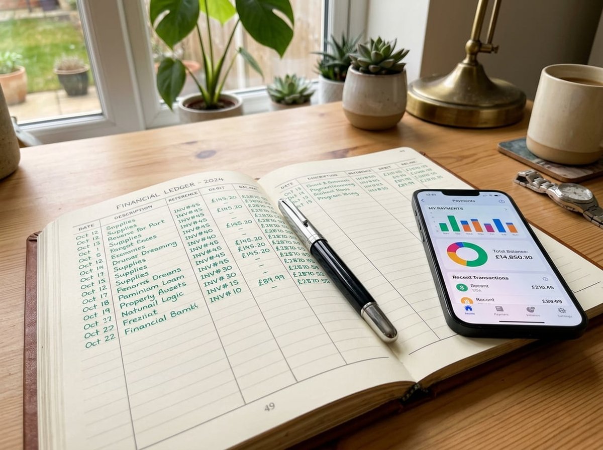 A close-up desk composition of an open ledger with columns of figures in green ink, a fountain pen resting across the page, and a modern smartphone displaying a payments dashboard