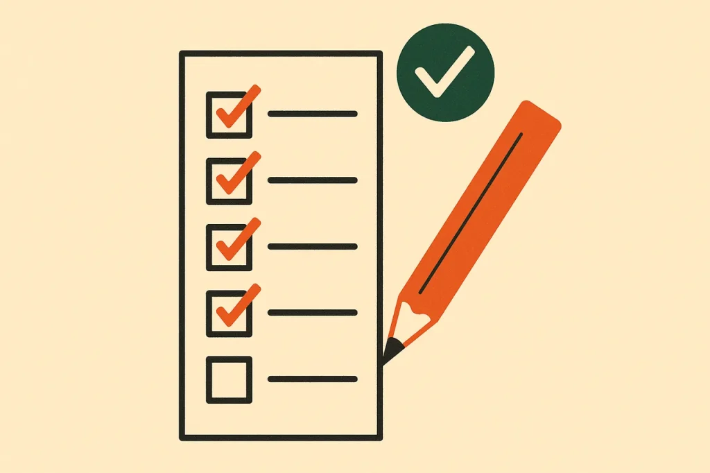 Casino bonus claim checklist. Notepad with four checked boxes and one empty box being ticked by an orange pencil.